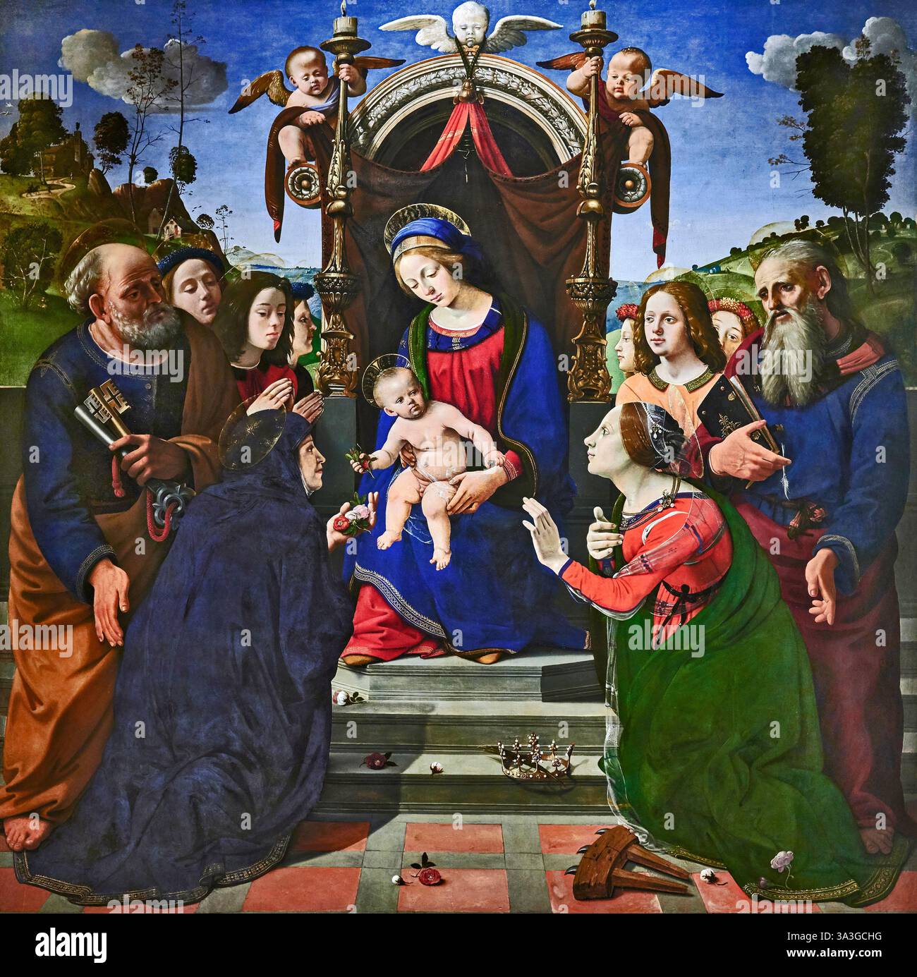 Madonna in trono Col Bambino con S. Pietro, S. Giovanni evangelista, S. Elisabetta d' Ungheria, S. Caterina d'Alessandria e angeli - tempera su tavol Stockfoto