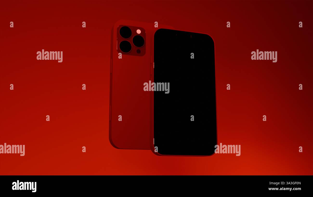 3D-Modell der Rückseite und Vorderseite des Mobiltelefons mit schwarzem Bildschirm auf rotem Hintergrund, Modell des Telefons Stockfoto
