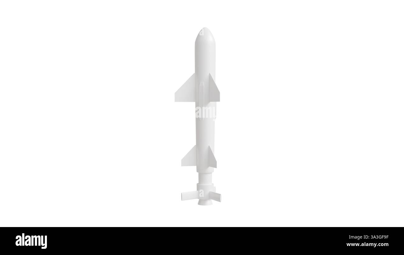 3D-Modell einer ballistischen Rakete auf weißem Hintergrund, ein Prototyp einer Rakete aus Nahaufnahme Stockfoto