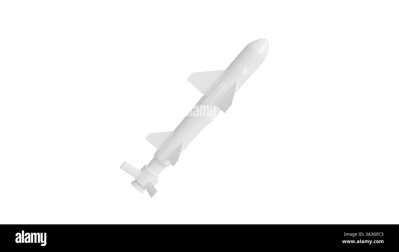 3D-Modell einer ballistischen Rakete auf weißem Hintergrund, ein Prototyp einer Rakete aus Nahaufnahme Stockfoto