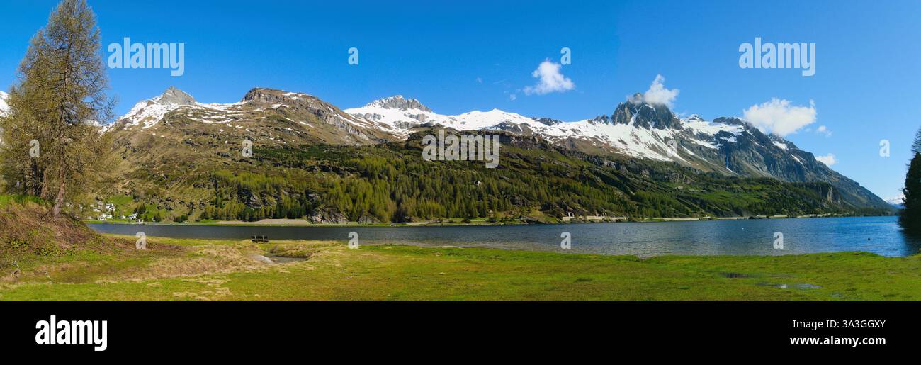 Schweizer See in den Alpen. Silsersee, Engadin, Schweiz - Breitformatfoto Stockfoto