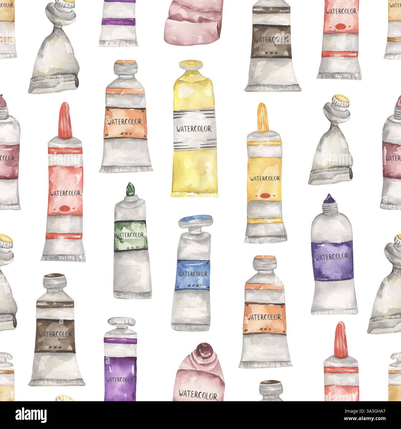 Handgezeichneter Aquarellkünstler liefert nahtlose Muster, Farbtuben wiederholen Papier Stockfoto