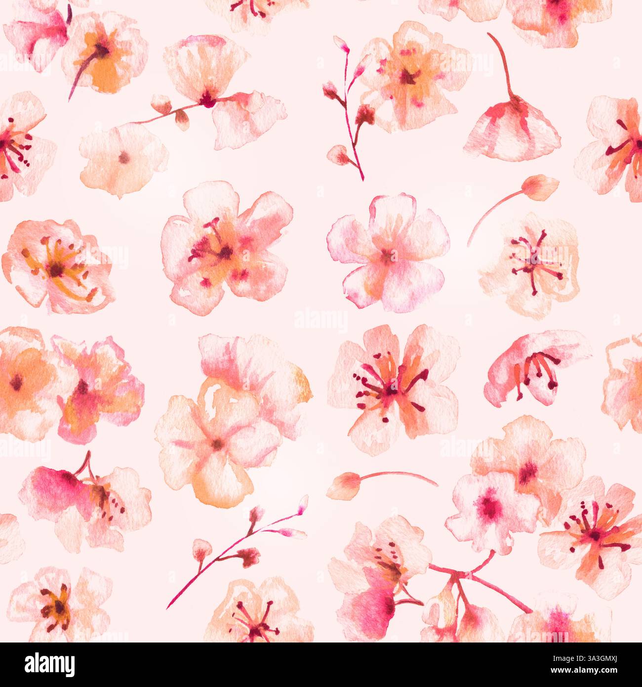 Nahtloses Muster in Frühlingsaquarellen. Aquarellblumen. Pinkfarbene Blüten, abstrakte handgemalte Tapete. Botanische Kunst Stockfoto