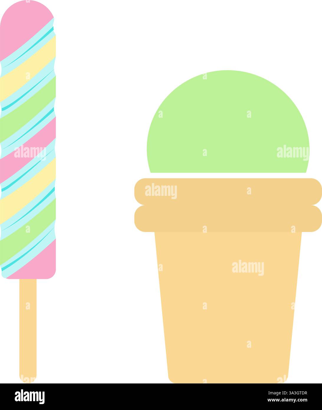 Bunter Zuckerstab und grünes Pistazieneis in Waffelkegel. Logo Symbol Design Element Ideensatz 2. Isolierte Vektor-Illustration Thematische Karten, Kindergeburtstag-Einladungen und Süßwarenladen-Anzeigen Stock Vektor