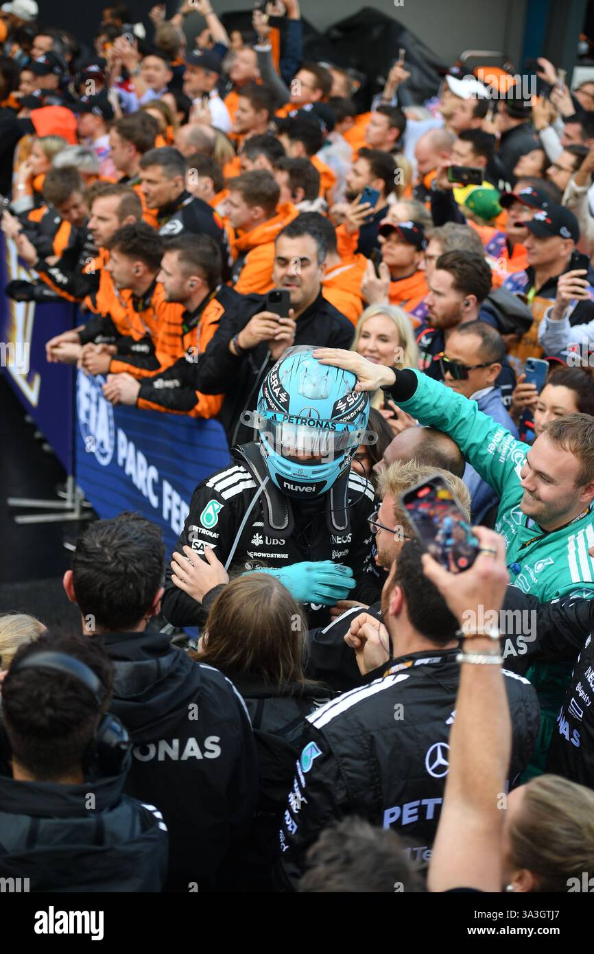 MELBOURNE, AUSTRALIEN 16. März 2025. Im Bild: Mercedes-Formel-1-Pilot George Russell (GBR) feiert im parc Ferme bei der australischen Runde der Formel-1-Weltmeisterschaft 2025. Karl Phillipson / Alamy Live News Stockfoto