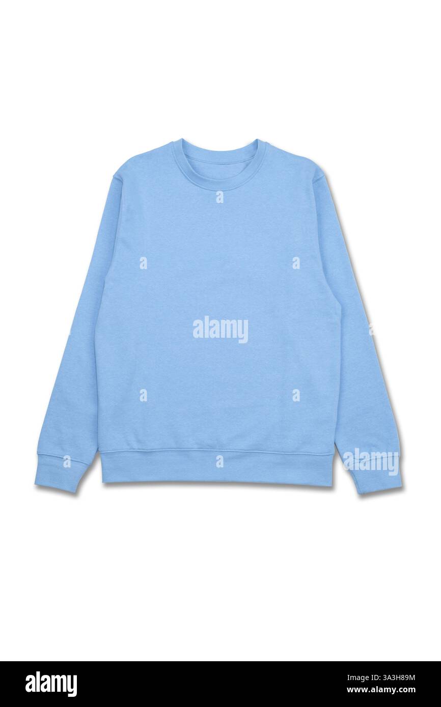 Einfarbiges blaues Sweatshirt ohne Beschriftung auf weißem Hintergrund Stockfoto
