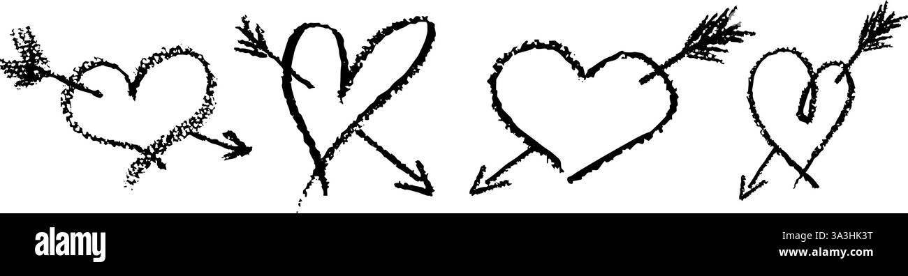 Set mit schwarzen Herzzeichen, gezeichnet mit Wachsstift. Liebessymbole im Doodle-Stil. Sammlung handgezeichneter Kinderherzen mit Pfeil in der Tasche. Valentinstag Stock Vektor