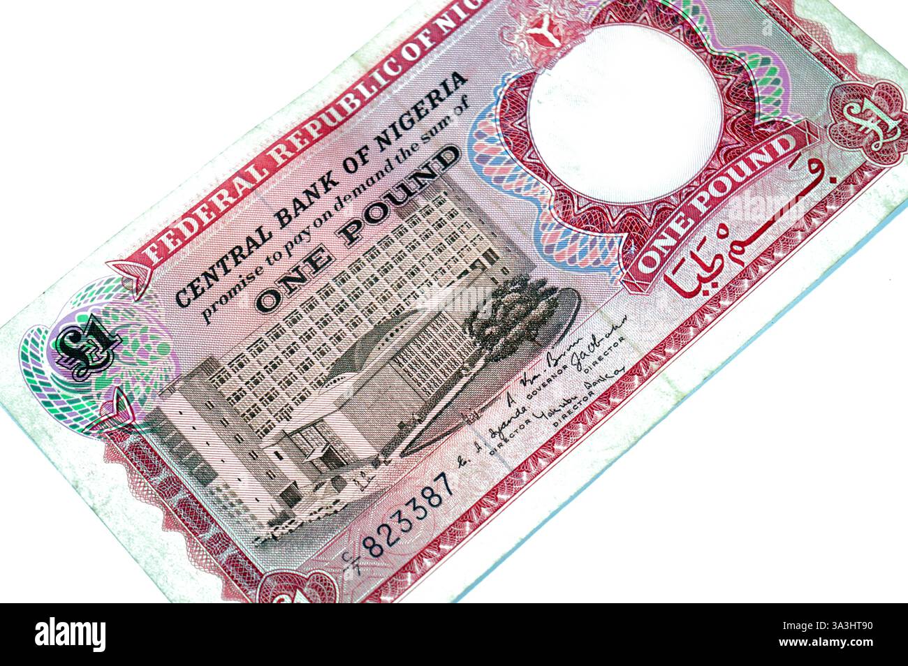 Auf der Vorderseite des Banknotenscheins 1 ein nigerianisches Pfund von der Zentralbank Nigerias befindet sich das Bankgebäude in der Bundesrepublik Nigeria Stockfoto