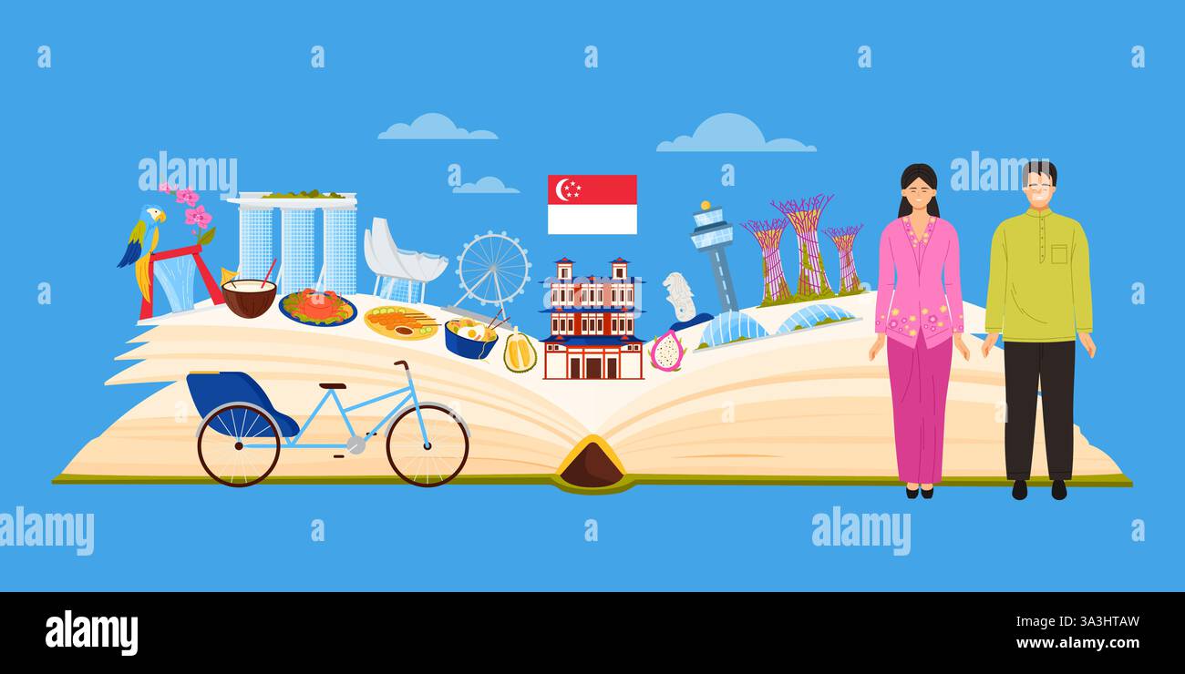 Gärten und Marina Bay Architektur, Vogelpark und Flagge auf offenem großen Reiseführer Cartoon Vektor Illustration. Reisen Sie nach Singapur, singapurische Kulturelemente und Speisen, Wahrzeichen in Infografik-Collage Stock Vektor