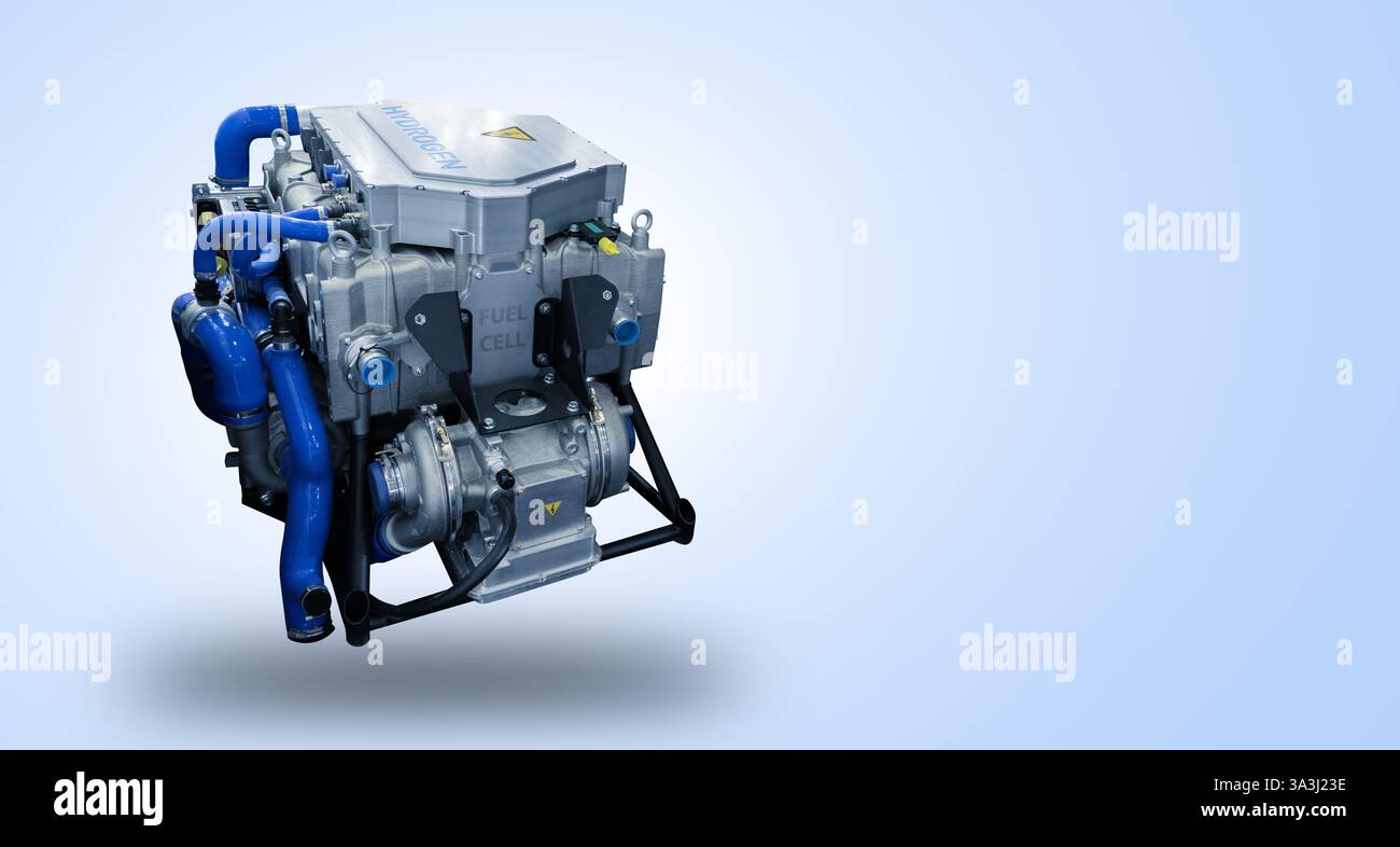 Wasserstoff-Brennstoffzellenmotor auf grauem Hintergrund. Stockfoto