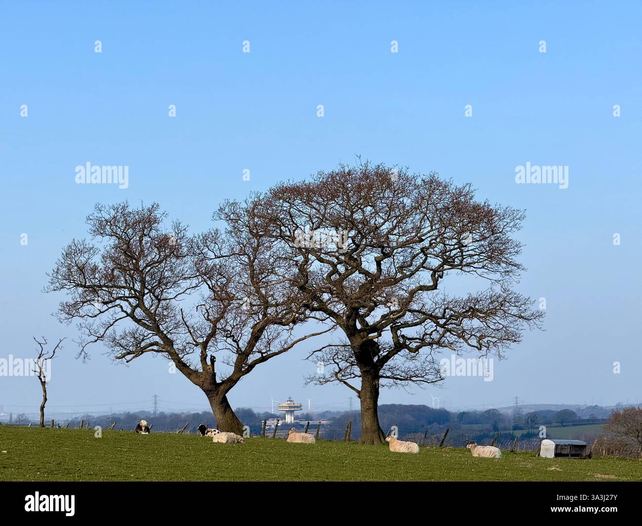Nicky Nook fiel in der Nähe von Scorton in Lancashire mit der Forton-Tankstelle an der M6 in der Ferne Stockfoto