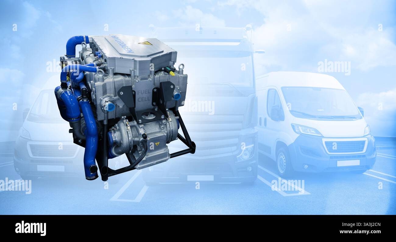 Wasserstoff-Brennstoffzellenmotor auf grauem Hintergrund. Stockfoto