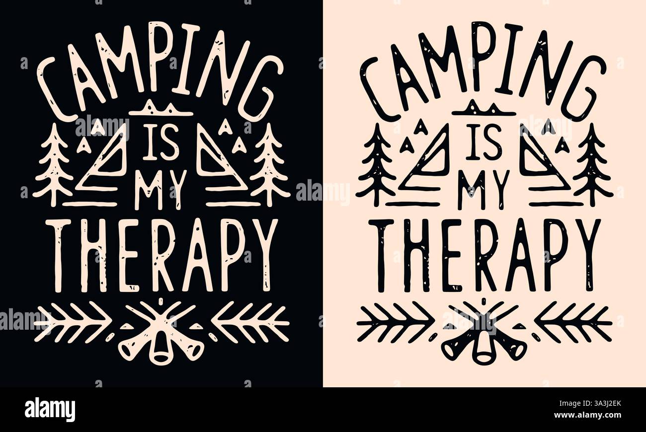 Camping ist mein Therapiehemd Design lustige Camper Girl Zitate Bergliebhaber Retro Vintage Boho ästhetische Lagerfeuer Illustration Lettering Poster Print. Stock Vektor