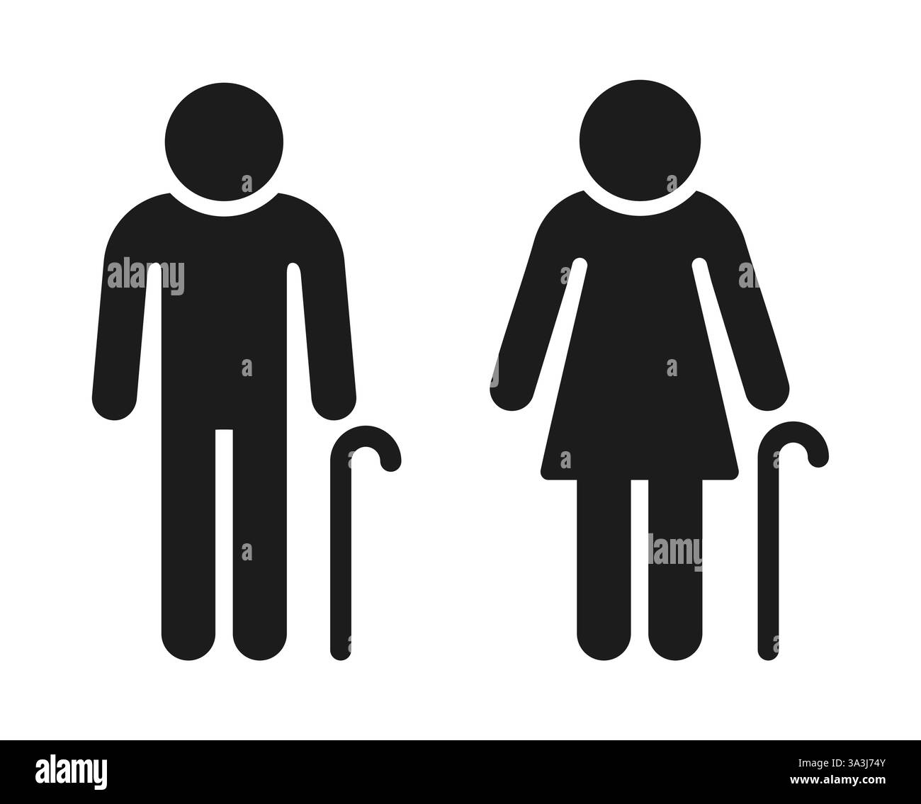 Ältere Mann und Frau Ikone, einfache Silhouette einer Person mit Gehstock. Illustration von Vektorclips. Stock Vektor