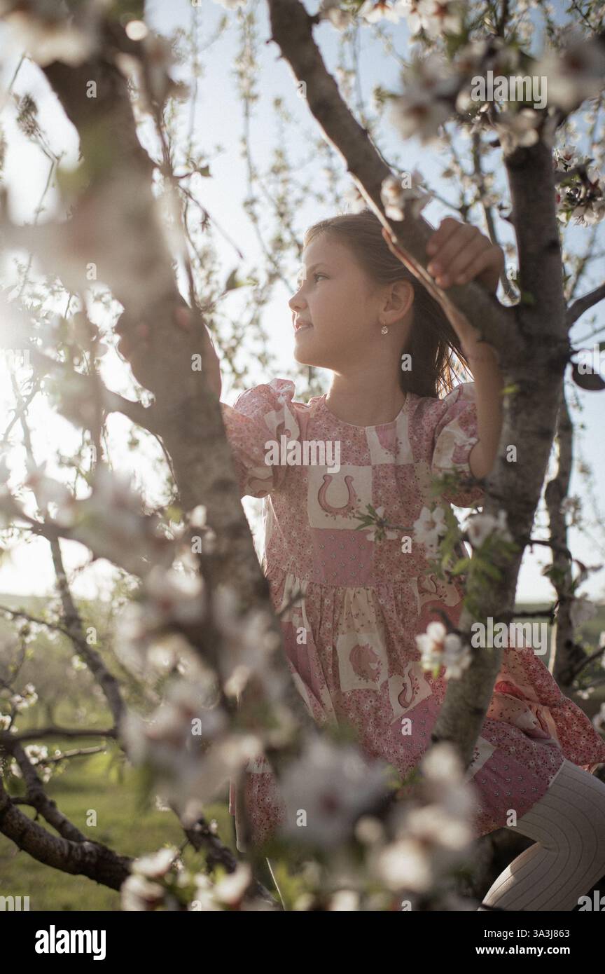 Ein fröhliches Mädchen spielt zwischen blühenden Mandelbäumen, ihr Lachen erfüllt die Frühlingsluft. Stockfoto