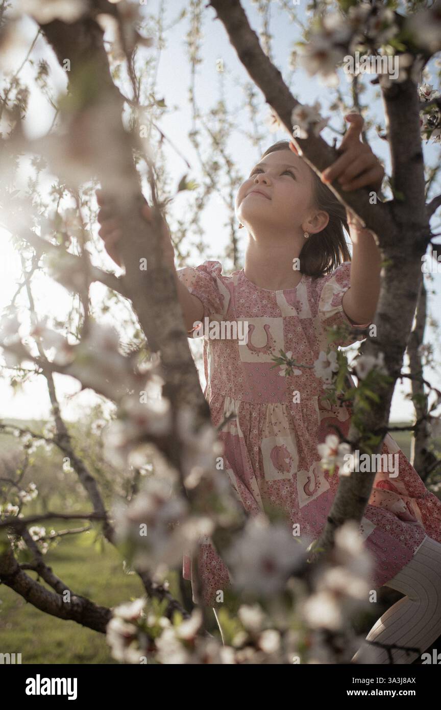 Ein fröhliches Mädchen spielt zwischen blühenden Mandelbäumen, ihr Lachen erfüllt die Frühlingsluft. Stockfoto