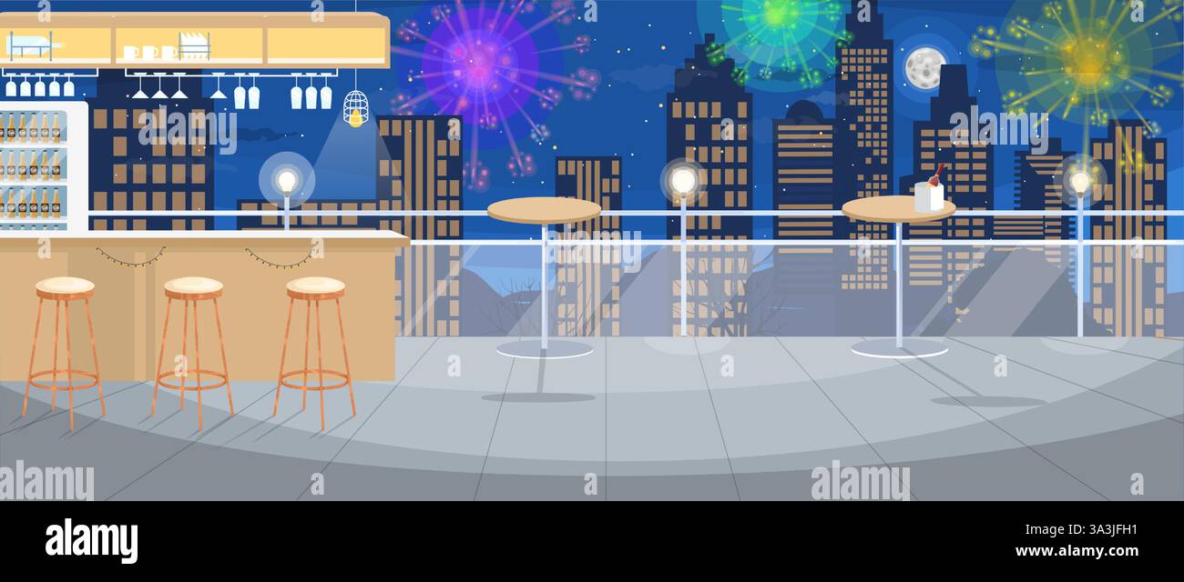 Eine lebhafte Dachbar zeigt eine atemberaubende Skyline der Stadt, die nachts von einem farbenfrohen Feuerwerk beleuchtet wird. Gäste können Getränke genießen, während sie von hier umgeben sind Stock Vektor