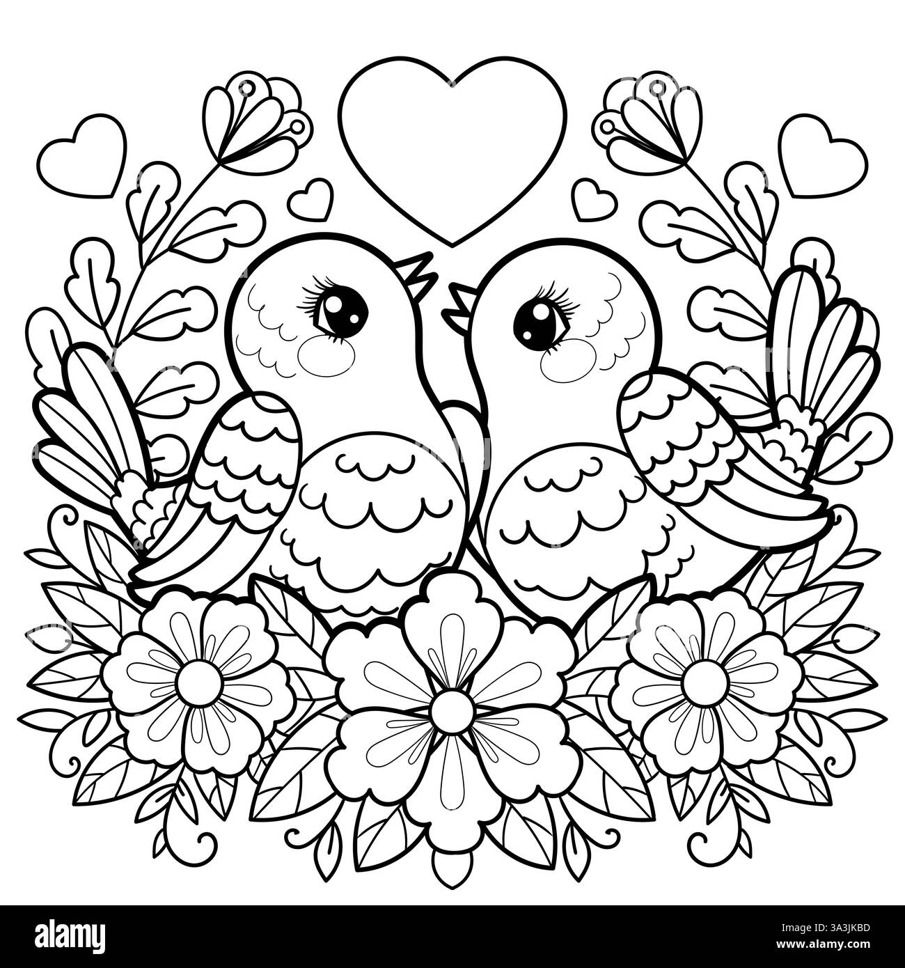 Ein Vogelpaar zwischen Blumen und Zweigen mit Herz. Lineare Schwarzweißzeichnung. Isoliert auf weißem Hintergrund. Für Kinder-Design von Colo Stock Vektor