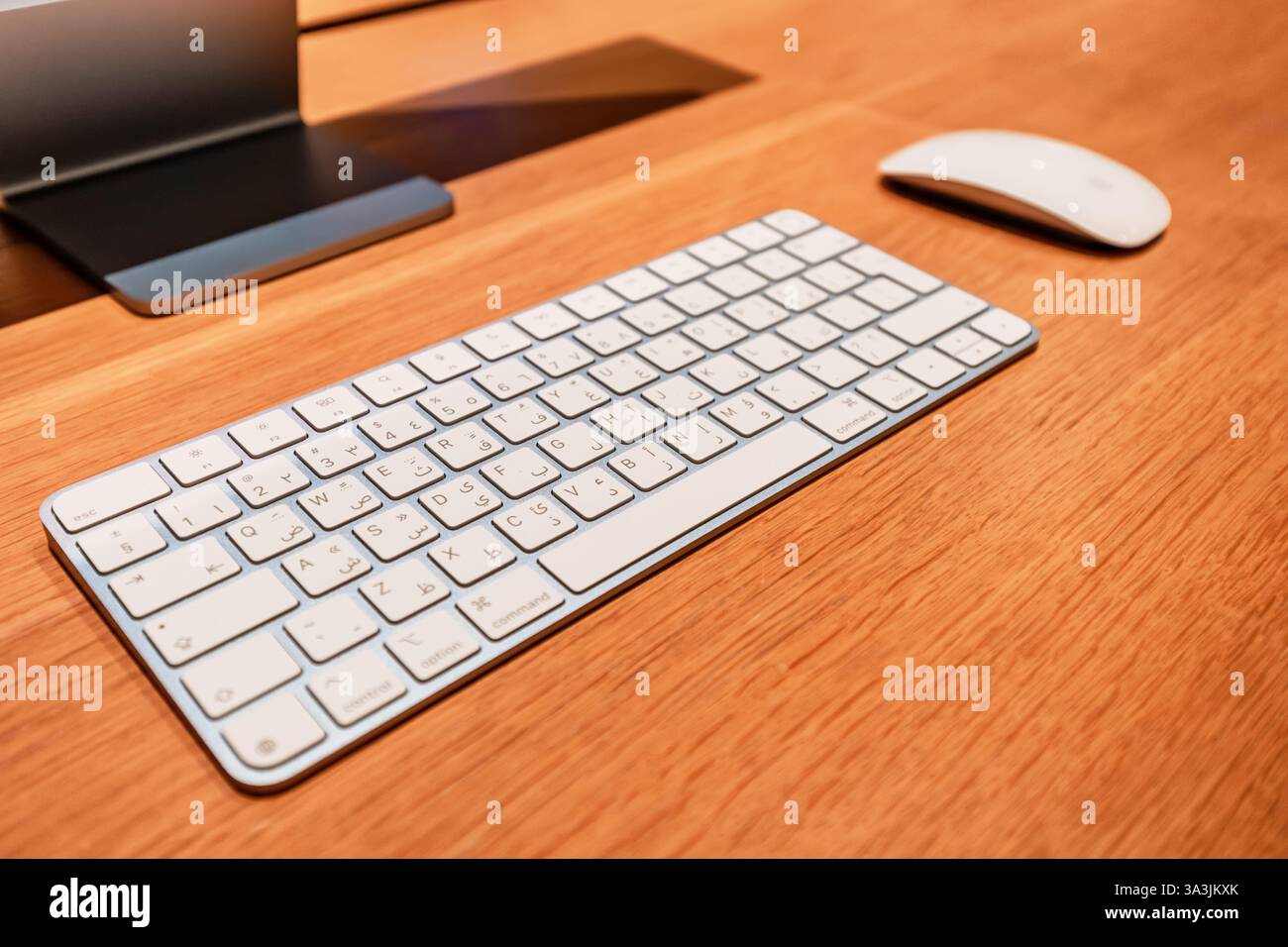 17. Januar 2025, Abu Dhabi, Vereinigte Arabische Emirate: Drahtlose Apple Magic Tastatur und Maus auf einem hölzernen Schreibtisch platziert, um einen minimalen und produktiven Arbeitsplatz zu schaffen Stockfoto