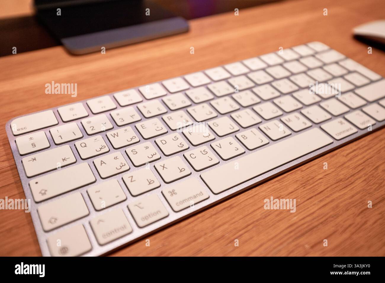 17. Januar 2025, Abu Dhabi, Vereinigte Arabische Emirate: Drahtlose Apple Magic Tastatur und Maus auf einem hölzernen Schreibtisch platziert, um einen minimalen und produktiven Arbeitsplatz zu schaffen Stockfoto
