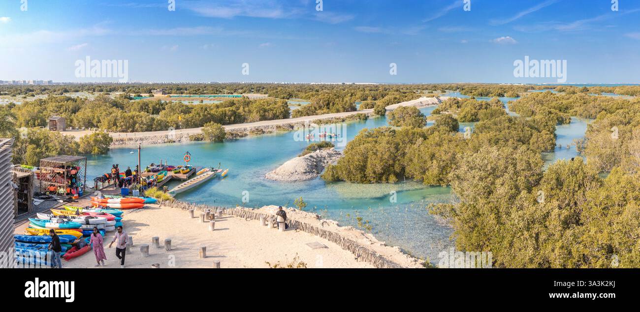 18. Januar 2025, Abu Dhabi, VAE: Touristen Kajakfahren im türkisfarbenen Wasser des Jubail Mangroves National Park Stockfoto