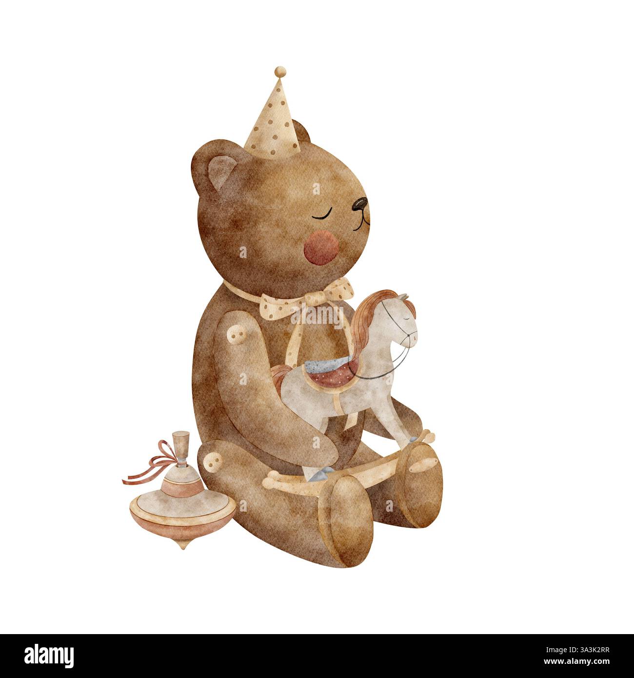 Aquarellillustration Teddybär in Vintage-Kleidung, Mütze, Schaukelpferd, Top, Whirligig. Retro-Zeichnung von Kinderspielzeug auf isoliert Stockfoto