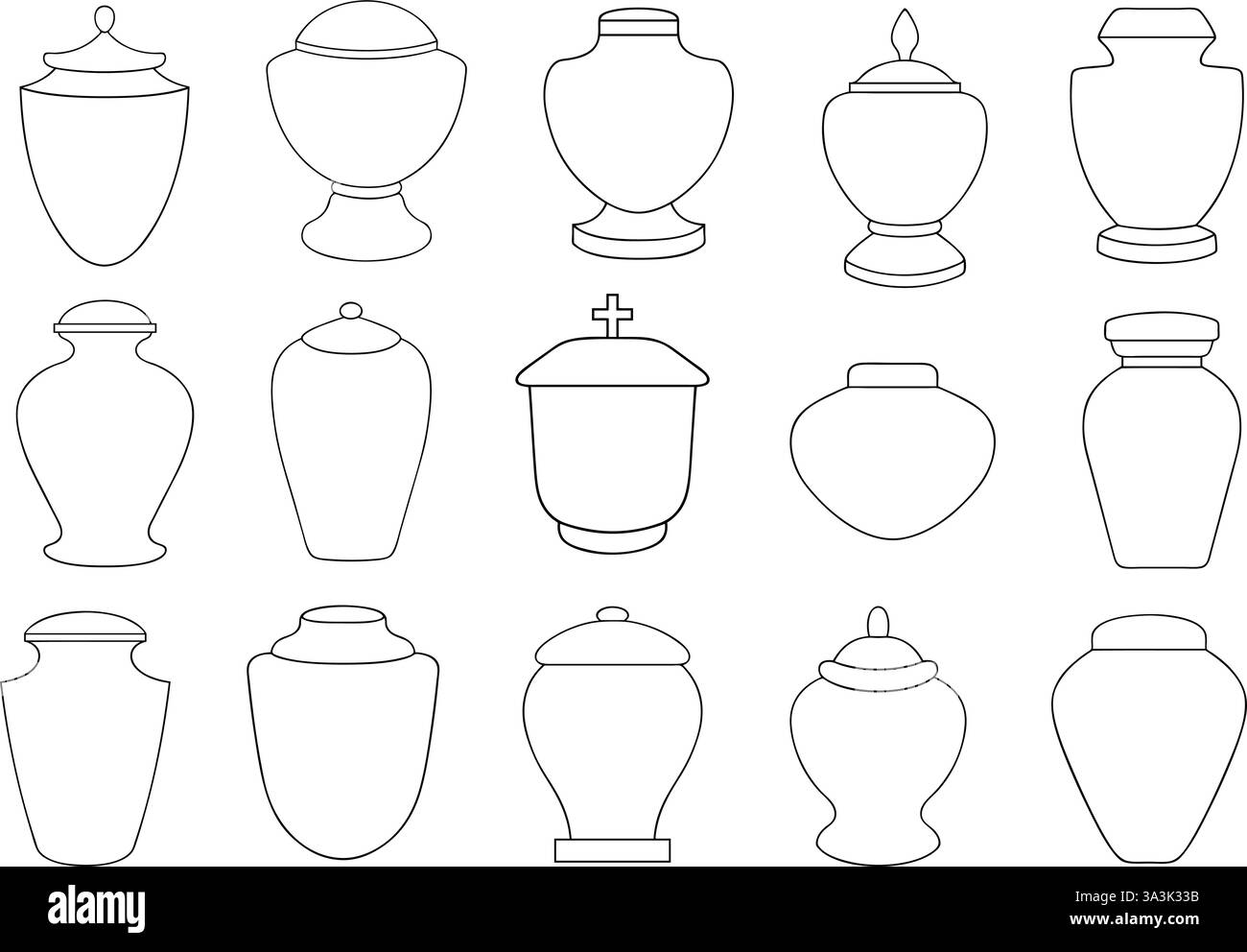 Gruppe verschiedener Bestattungsurnen isoliert auf weiß Stock Vektor