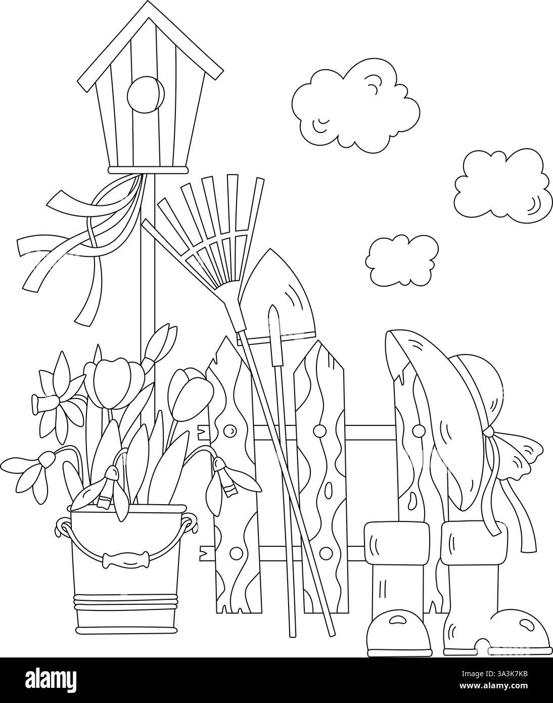 Frühlingsausmalseite Mit Vogelhäuschen Und Gartenwerkzeugen Stock Vektor