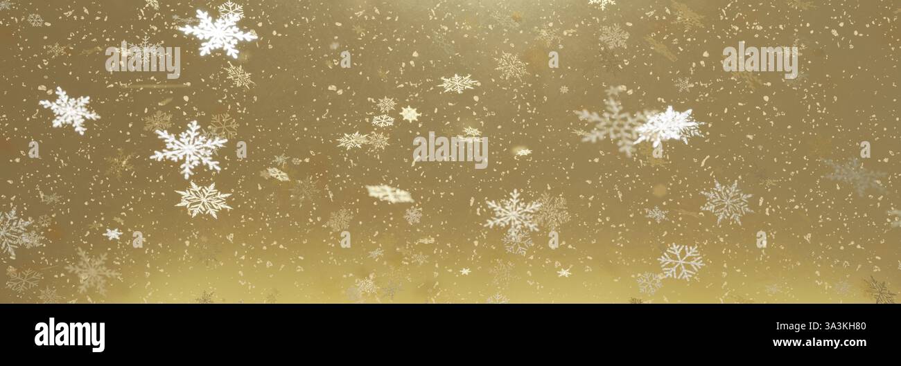 3D-Rendering goldener weihnachtspartikel und Schneekristalle in Panoramasicht. Hintergrund der Feiertagsfeier Stockfoto