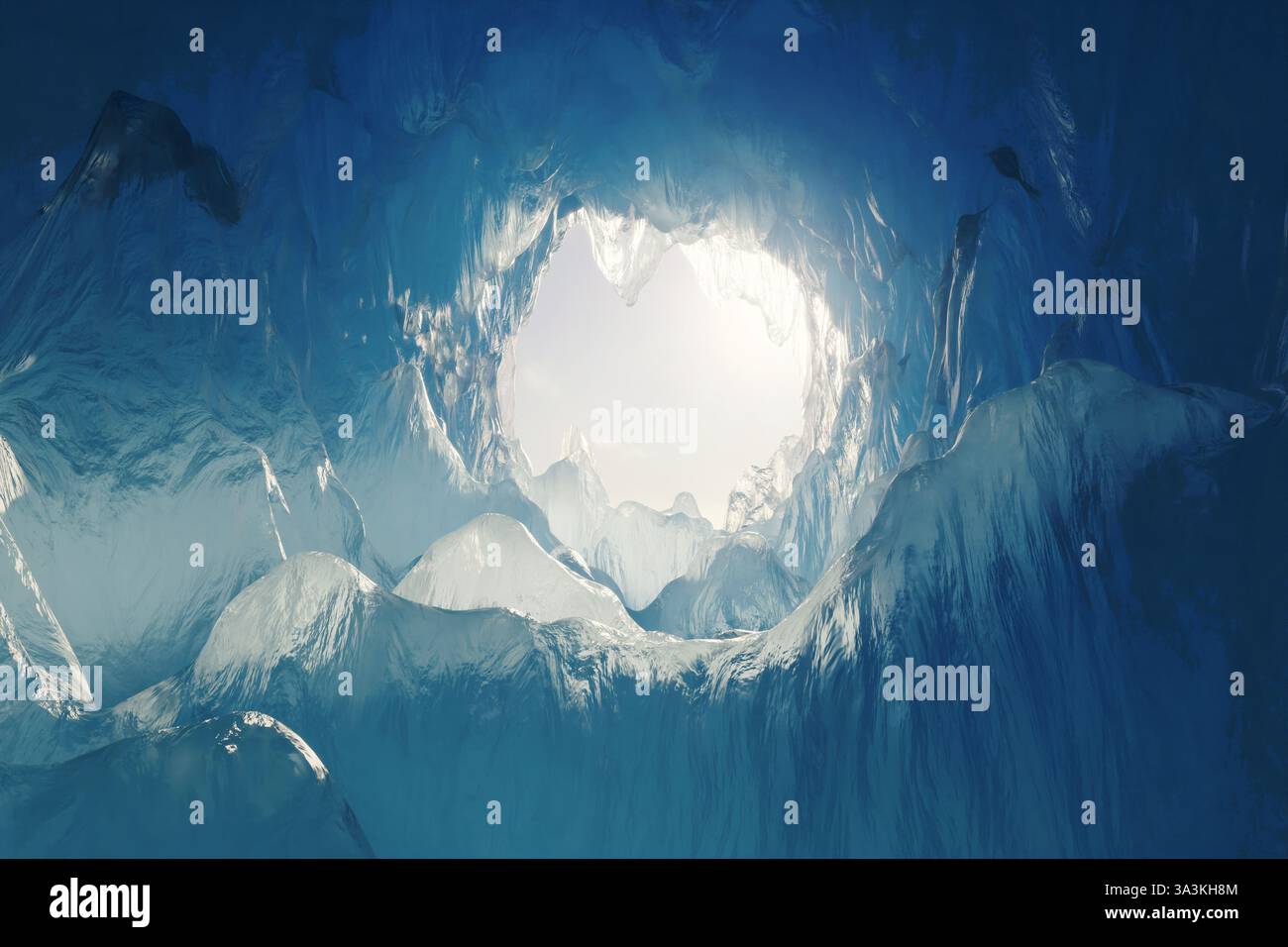 Eishöhle mit Sonnenlicht am Ende des Lochs. 3D-Rendering Stockfoto