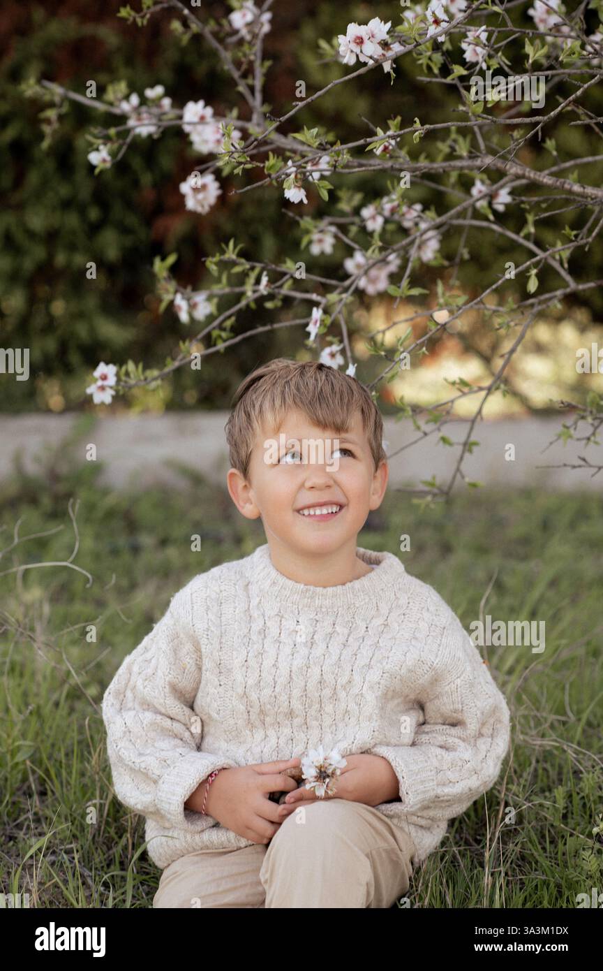 Ein Junge sitzt unter einem blühenden Mandelbaum, pflückt frische Mandeln und hält sie in seinen Händen. Stockfoto