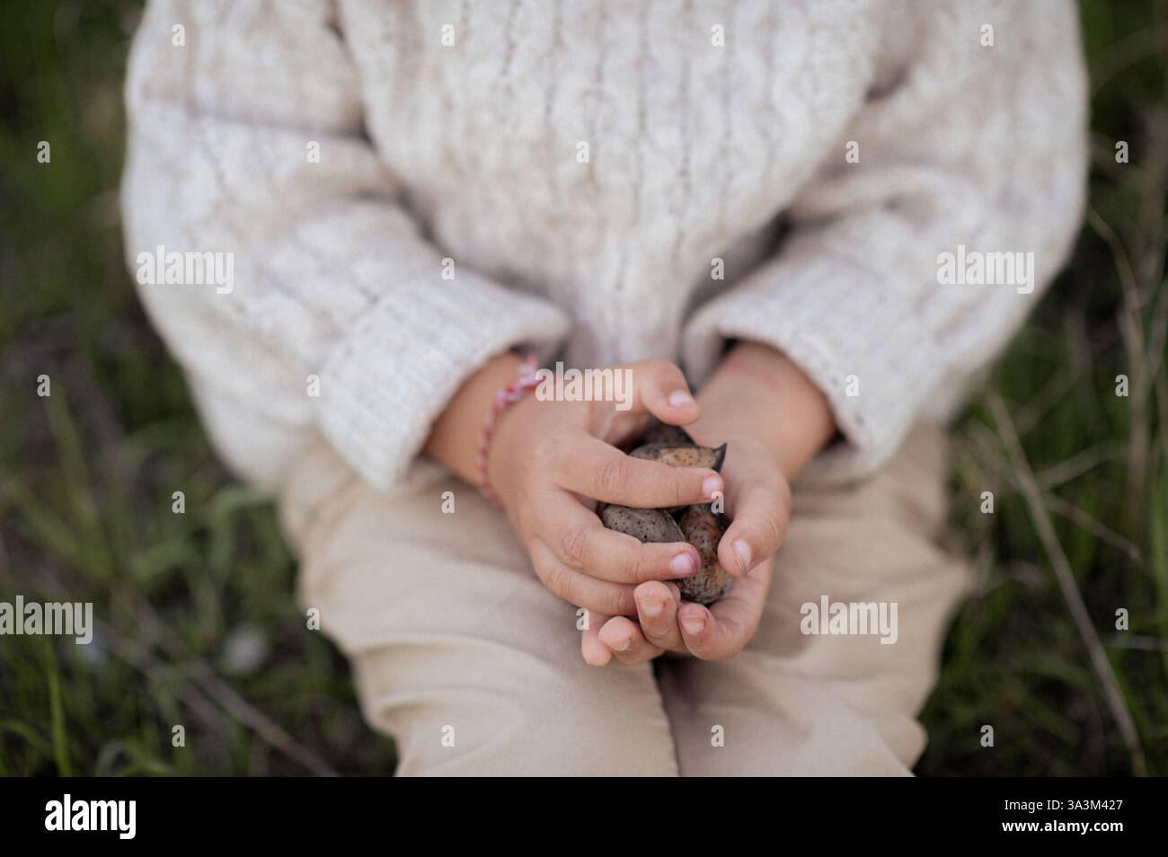 Ein Junge sitzt unter einem blühenden Mandelbaum, pflückt frische Mandeln und hält sie in seinen Händen. Stockfoto