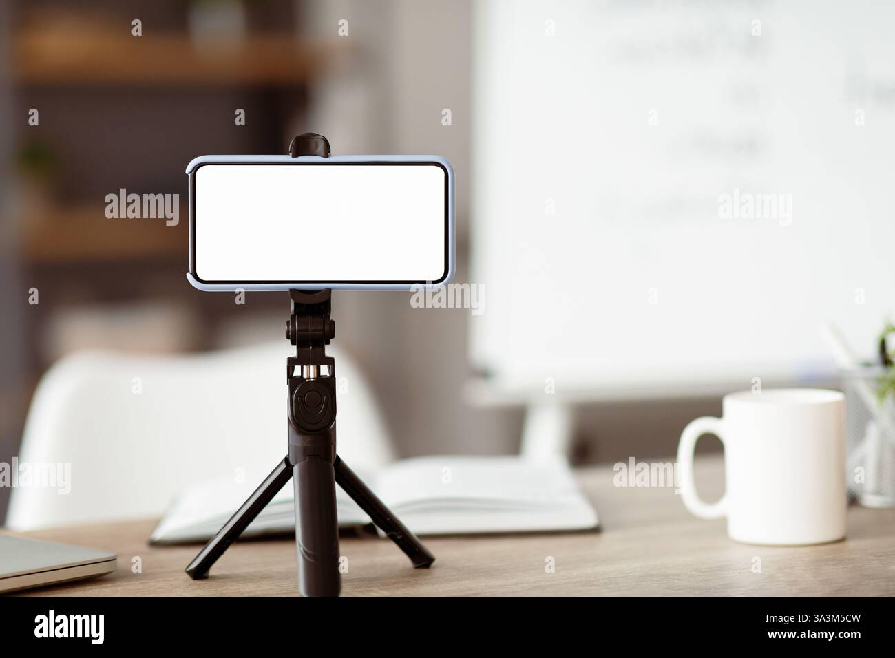 Online-Unterricht von ihrem gut organisierten Schreibtisch aus, moderne Technologien Stockfoto