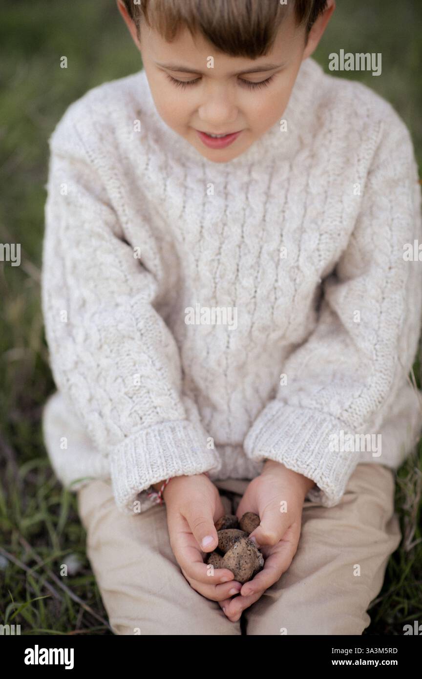 Ein Junge sitzt unter einem blühenden Mandelbaum, pflückt frische Mandeln und hält sie in seinen Händen. Stockfoto