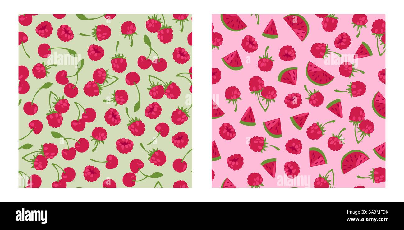 Nahtloses Muster von reifer Wassermelone, Kirschen mit frischen Himbeeren, grünen Stielen und Blättern auf hellem Hintergrund. Süße Beeren verstreut – dekorativ Stock Vektor