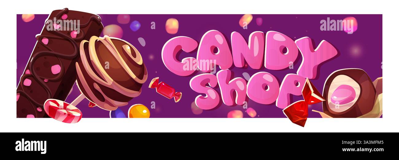 Süßwarenladen-Banner mit Schokoladenbonbons und bunten Süßigkeiten, pinkfarbenen Luftpolsterbuchstaben auf lila Hintergrund. Karamelllutscher, eingepackte Süßigkeiten und Trüffel Stock Vektor