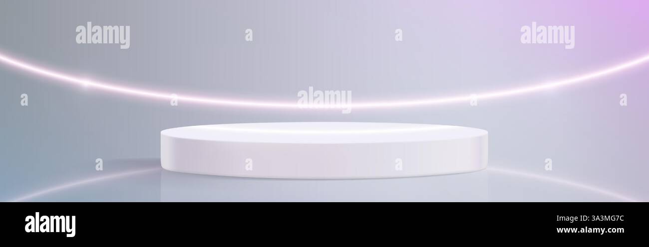 Hologrammtisch mit weißer runder 3D-Plattform auf Gradientenhintergrund. Minimalistischer Standfuß für Produktpräsentationen in leerem Raum. Holographisches Neonlicht Stock Vektor