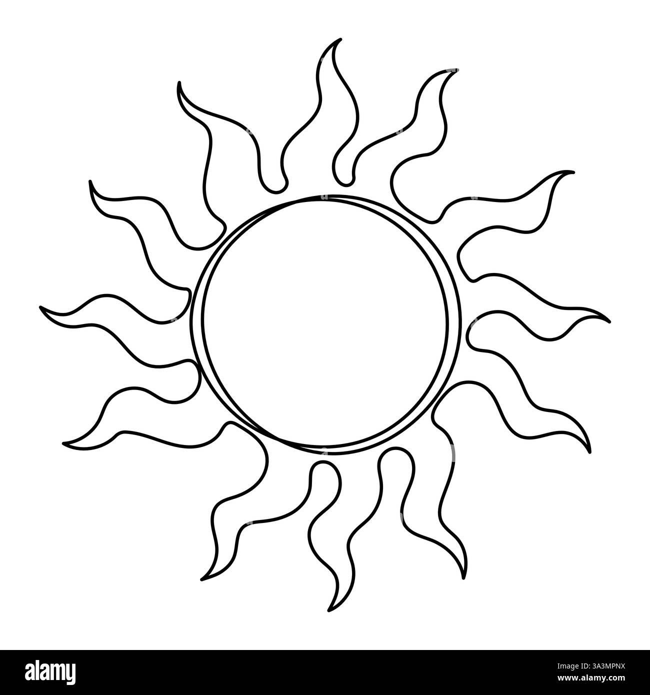 Eine durchgehende Linienzeichnung von Sonne und Sonnenaufgang. Symbol für heiße Temperaturen und Sommerreisen im einfachen linearen Stil. Solargrüne Energiekonzepte im Editabl Stock Vektor