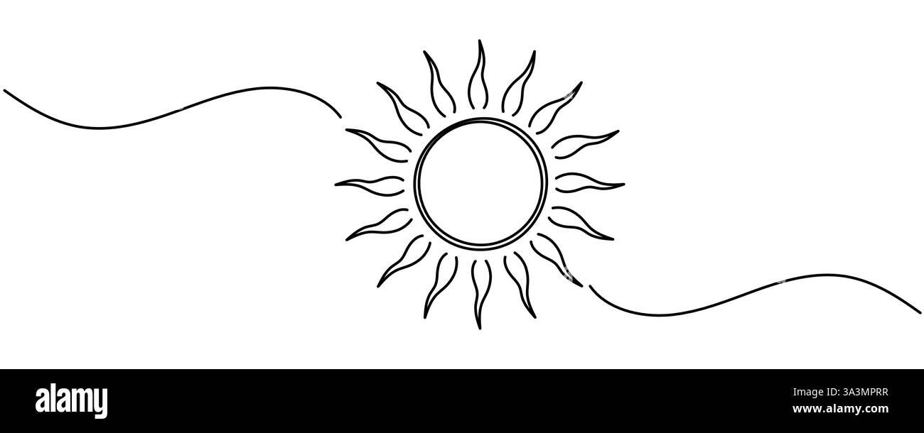 Eine durchgehende Linienzeichnung von Sonne und Sonnenaufgang. Symbol für heiße Temperaturen und Sommerreisen im einfachen linearen Stil. Solargrüne Energiekonzepte im Editabl Stock Vektor