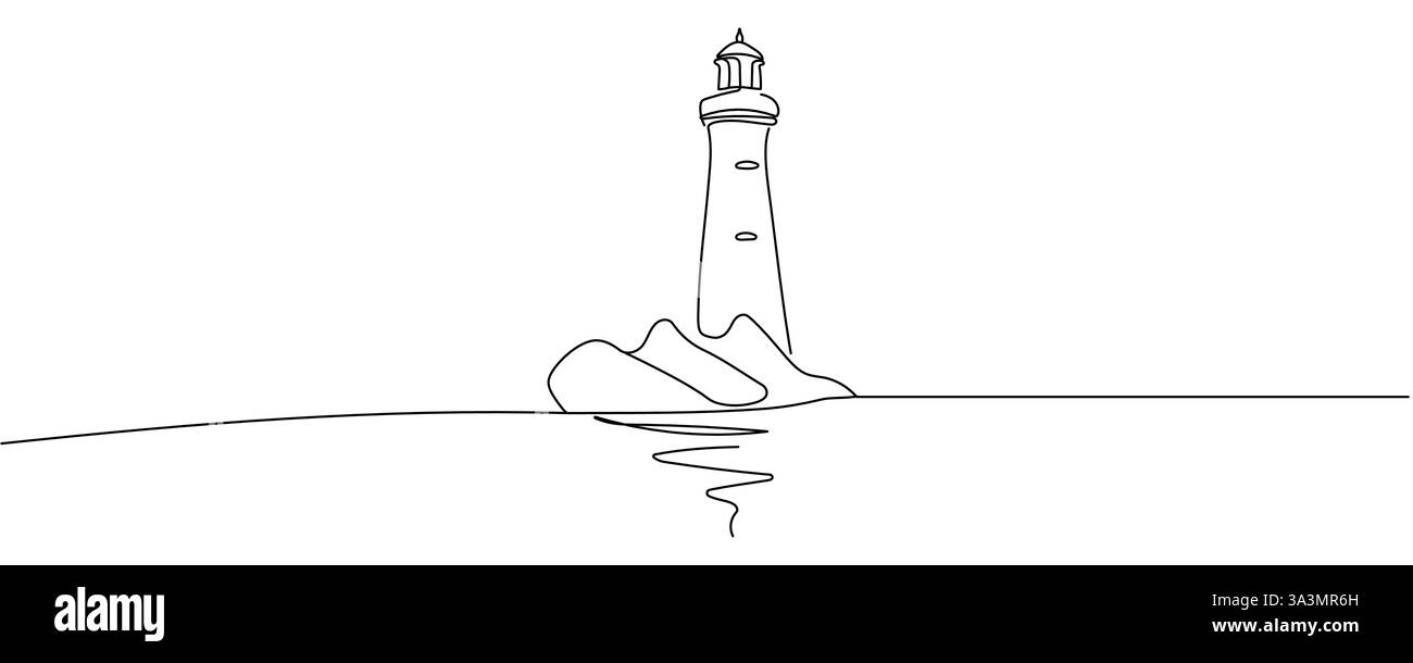 Durchgehende einzeilige Zeichnung des Leuchtturms auf dem Ozean. Eine Zeilendarstellung des Leuchtturms. Suchscheinwerfer Konzept durchgehende Linie A Stock Vektor