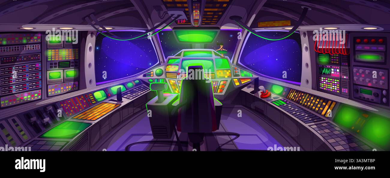 Innenraum des Raumschiffes mit Bedienkonsole. Vektor-Cartoon-Illustration von Space Shuttle Dashboard mit Computer-Displays und Tasten, dunkler Kosmos und Sterne in Fenstern gesehen, Explorationsmission Stock Vektor