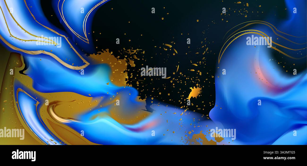 Blaue und goldene Tinte mit abstraktem Marmor-Effekt. Fließender Kunsthintergrund mit lebhaften Farben - tiefes Indigo, elektrisches Blau, metallische goldene Spritzer. Wellenförmiges dynamisches Design mit verdrehten flüssigen Formen Stock Vektor