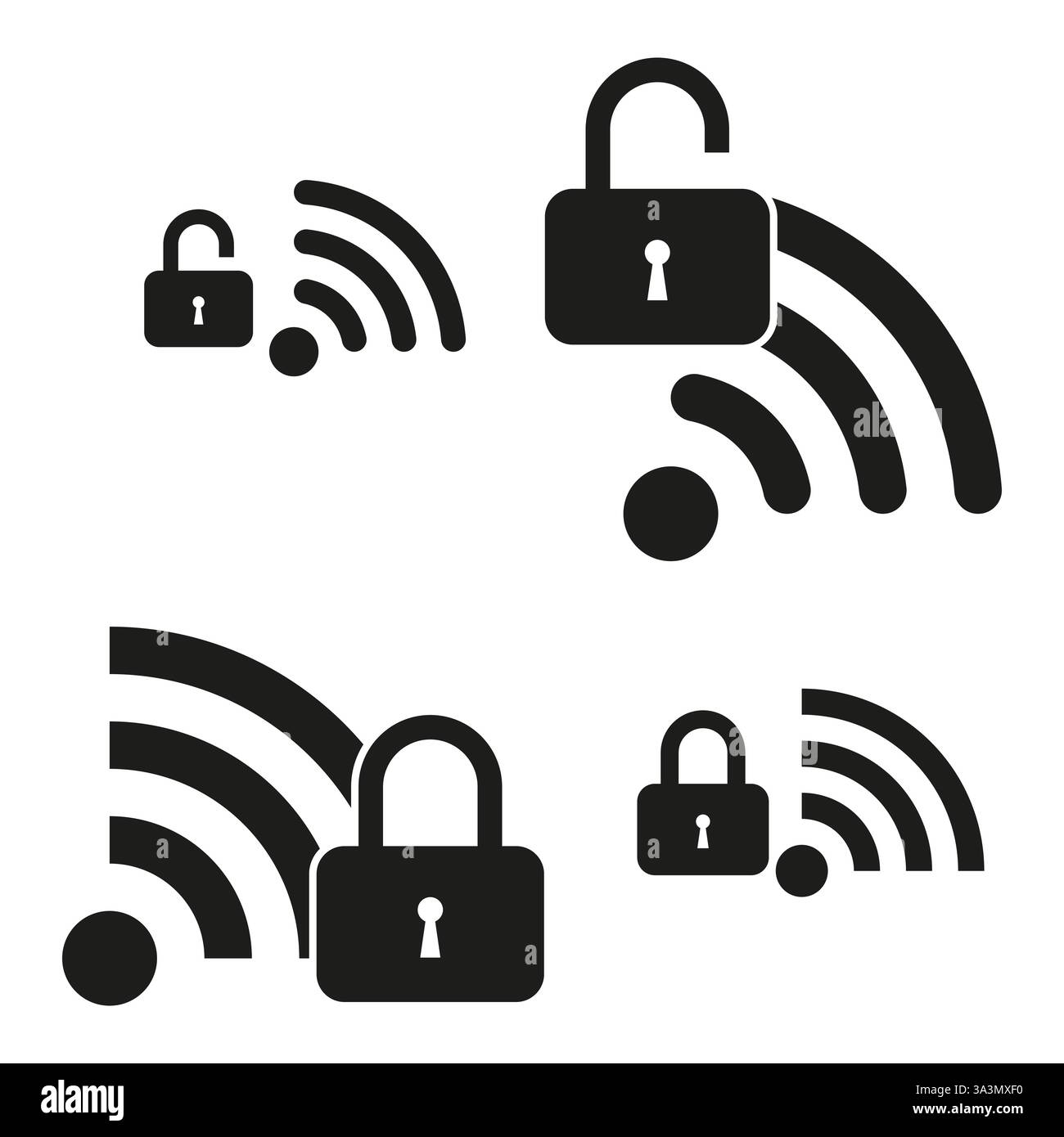 Symbol für Wi-Fi-Signal. Zeichen für gesperrtes Netzwerk. Symbol für den Sicherheitszugriff. Schwarzer digitaler Vektor. Stock Vektor