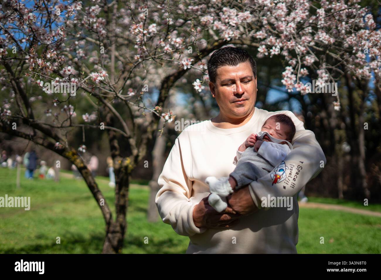 Stolzer Vater, der seinen schlafenden neugeborenen Sohn im Frühling unter einem blühenden Mandelbaum in einem sonnigen Park liegend, genießt einen friedlichen Familienmoment Stockfoto