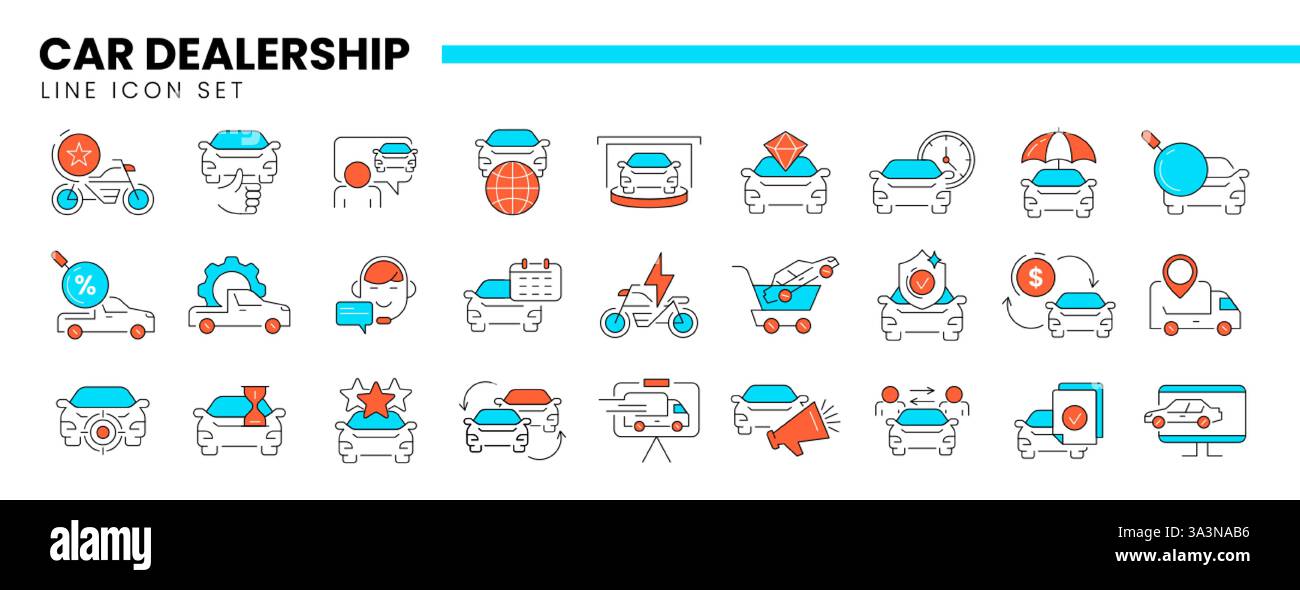 Vektorsatz des Liniensymbols des Autohändlers, der Automobilindustrie, des Mietservice oder des Fahrzeughandelszentrums. Dünne lineare Symbole für Reparatur, Wartung, Transportversicherung oder Kauf neuer Autos Stock Vektor