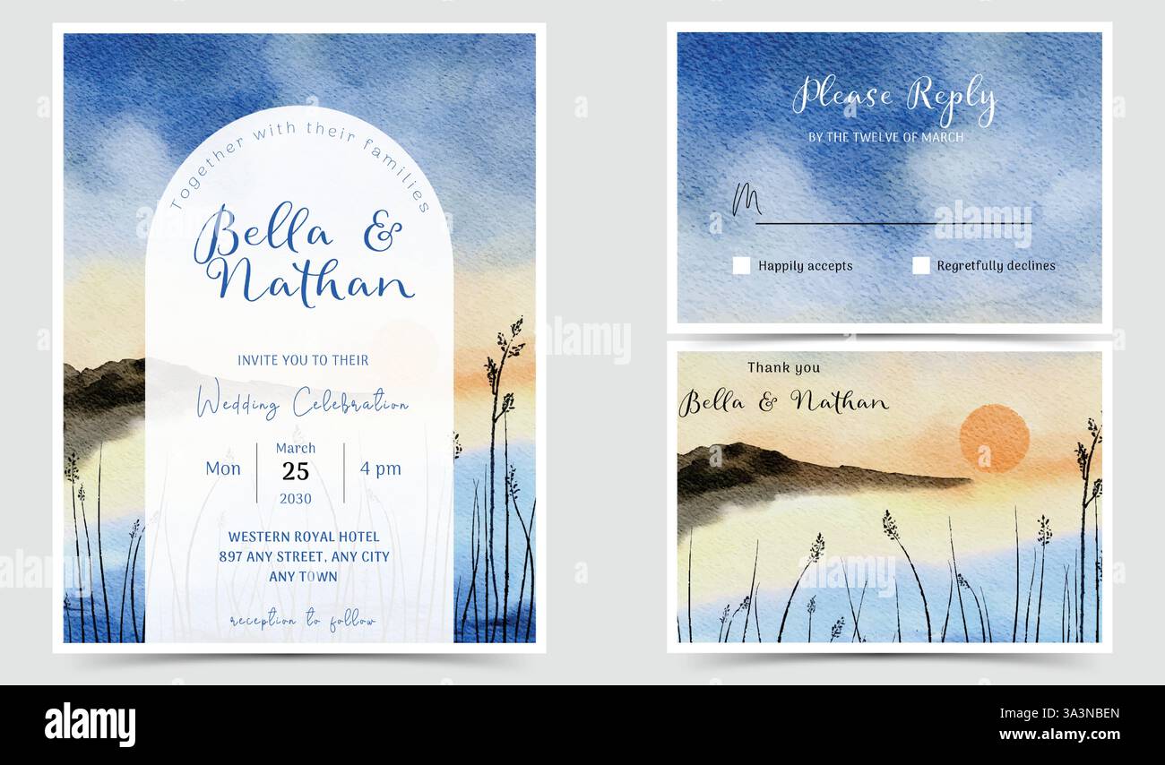 Hochzeitssuite in Aquarellfarben mit Sonnenaufgangslandschaft und floralen Elementen inklusive Einladung, RSVP-Karte und Dankeskarte Stock Vektor