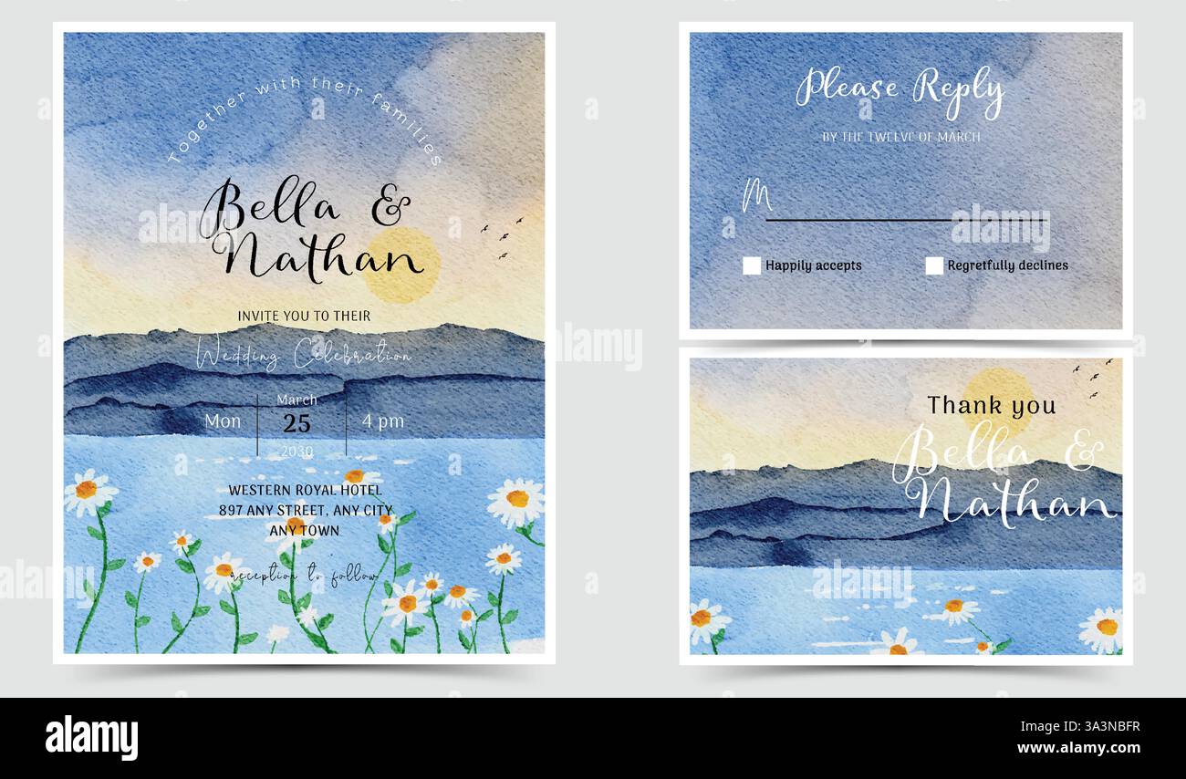 Suite mit Hochzeitseinladungen in Aquarellfarben mit Sonnenaufgangslandschaft und floralen Elementen in Gänseblümchen inklusive Einladung, RSVP-Karte und Dankeskarte Stock Vektor