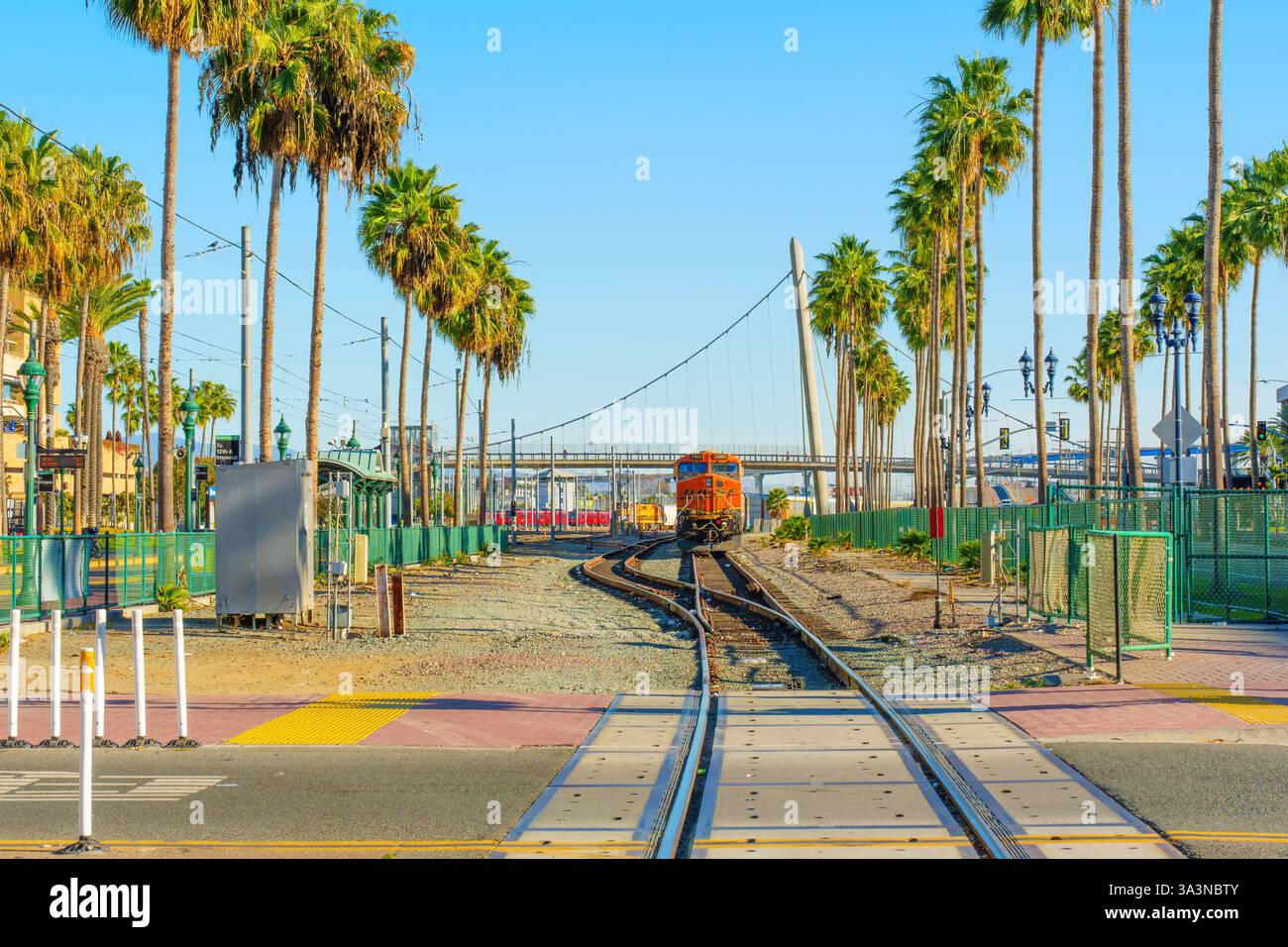 San Diego, Kalifornien - 14. Januar 2025: Sonniger Blick vom Santa Fe Depot aus, auf dem ein Zug auf Palmen gesäumten Gleisen fährt. Die Vibran Stockfoto