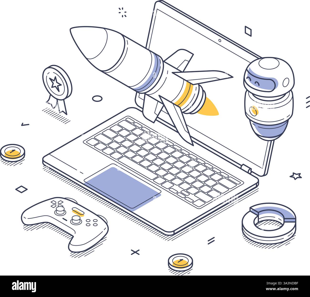 Das isometrische Line Art Design zeigt einen Laptop mit Raketen aus dem Bildschirm, neben einem Game Controller und anderen Spielelementen, Highlightin Stock Vektor