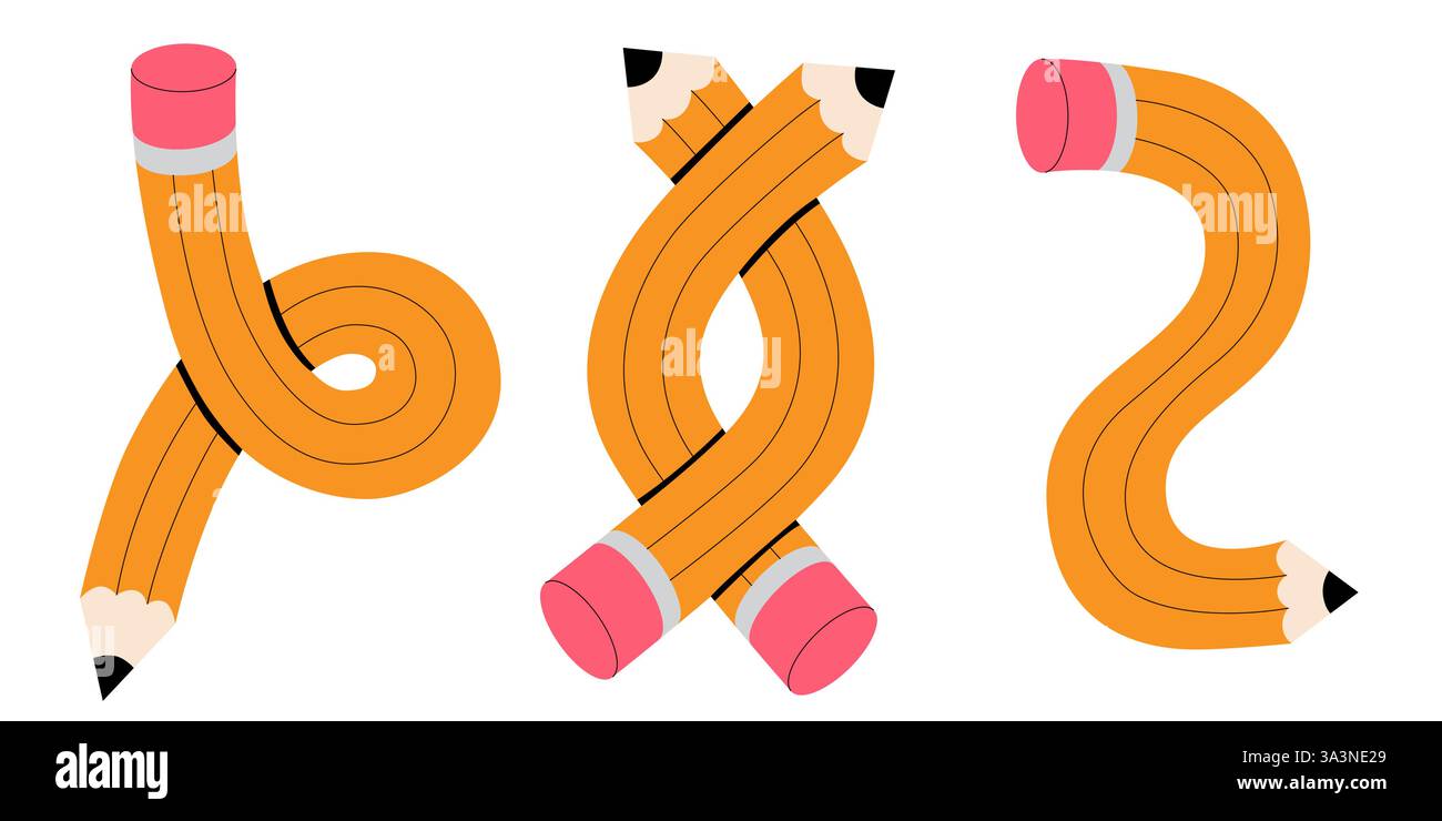 Stifte setzen Vektor-Illustration. Gedrehter flexibler gelber einfacher Bleistift in verschiedenen Formen wie Herz, Knoten, Häkchen, Biegen, Kritzeln. Zurück zu Stock Vektor